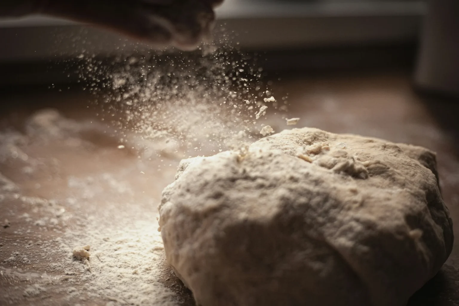 Mão jogando farinha sobre uma massa de pão, no meio do processo, com farinha espalhada pela bancada.