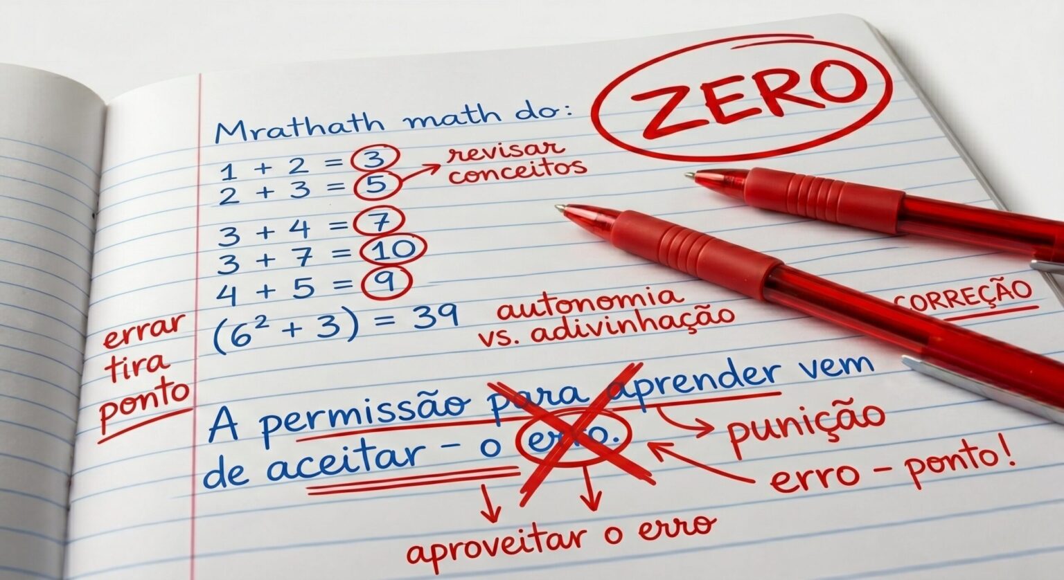 Página de caderno com exercícios de matemática e correções a caneta vermelha, com um zero circulado no alto.