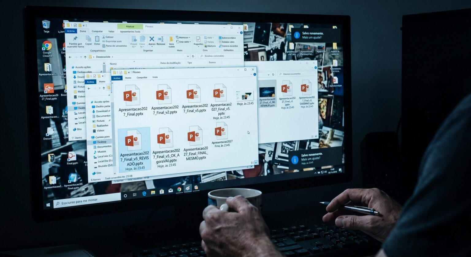 Tela de computador com uma pasta cheia de arquivos de apresentação nomeados como versões finais sucessivas.